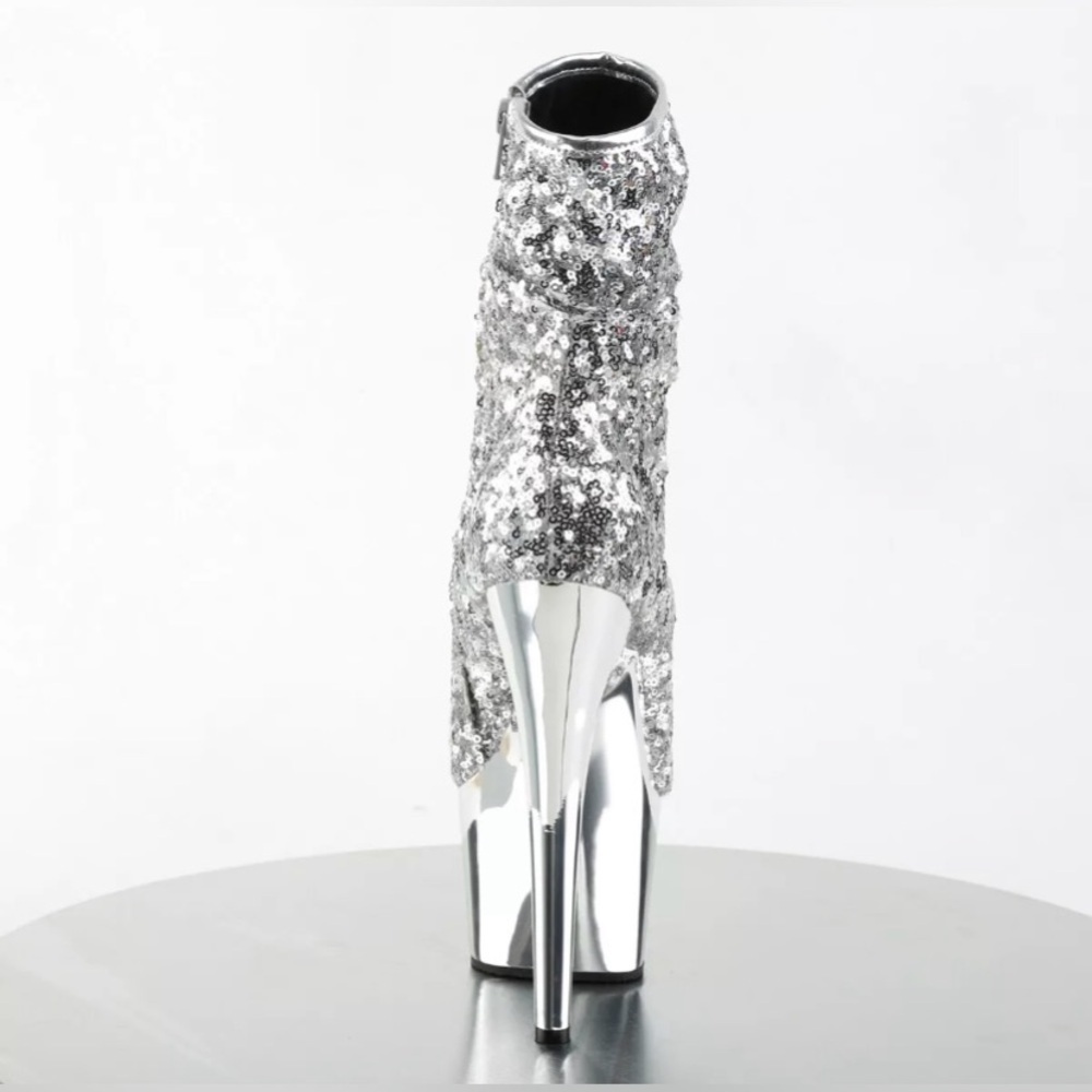 🦋B2G1🦋PLEASER 7" Heel Platform Silver Sequins/Chrome Peep Toe Side Zip Stiletto - Picture 3 of 7
